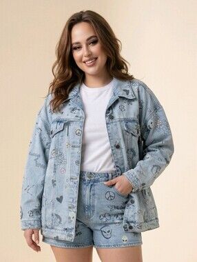 Wild Fable Alien Smiley Face Flower Heart Star Jean Jacket XXL